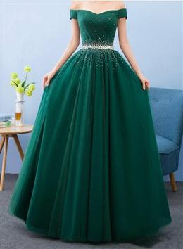 Picture of Green Beaded Off Shoulder Long Party Dresses, Tulle A-line Evening Dresses